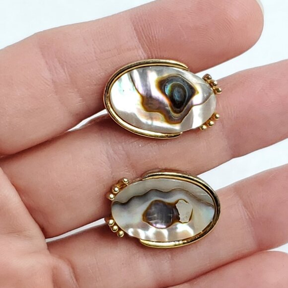 Vintage Abalone Cufflinks Gold Tone Oval Mother Of Pearl - Picture 3 of 7